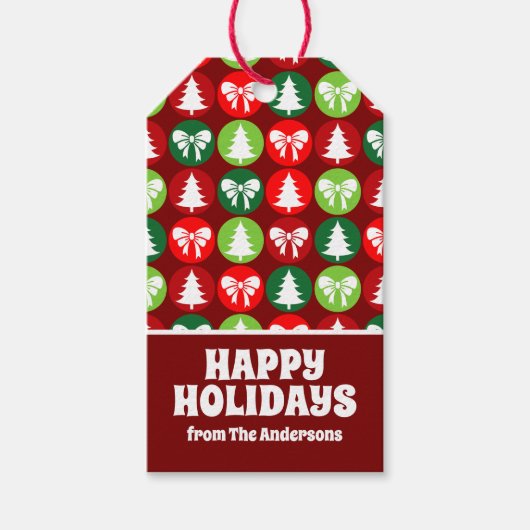 ヴィンテージレトロクリスマスツリーと弓パターン ギフトタグ (正面)