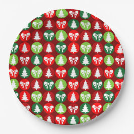 ヴィンテージレトロクリスマスツリーと弓パターン ペーパープレート