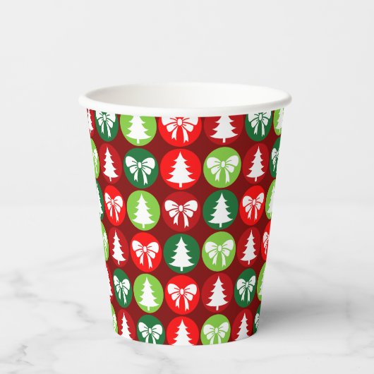 ヴィンテージレトロクリスマスツリーと弓パターン 紙コップ (正面)