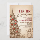 ヴィンテージレトロクリスマスツリー誕生日パーティー 招待状 (正面)
