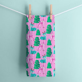 ヴィンテージレトロクリスマストインデナーオンピンク キッチンタオル