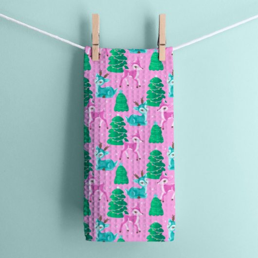 ヴィンテージレトロクリスマストインデナーオンピンク キッチンタオル