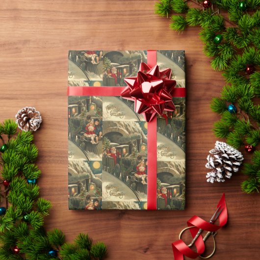 ヴィンテージレトロクリスマストレインアート ラッピングペーパー (クリスマスギフト)