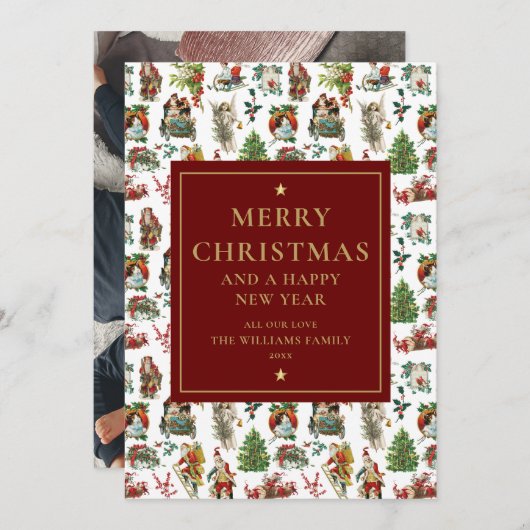 ヴィンテージレトロクリスマスブルゴーニュ金ゴールド写真 シーズンカード (正面/裏面)