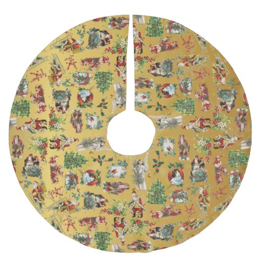 ヴィンテージレトロクリスマスホリデーパターン金ゴールド ブラッシュドポリエステルツリースカート (正面)