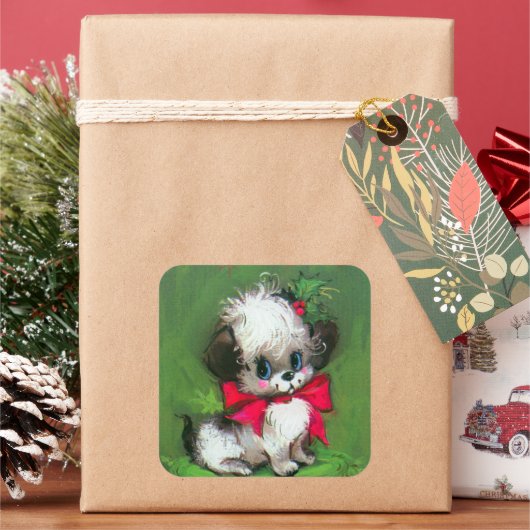 ヴィンテージレトロクリスマスホリデーパピーステッカー スクエアシール (クリスマス)