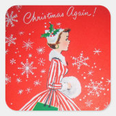 ヴィンテージレトロクリスマスホリデーレディーステッカー スクエアシール (正面)