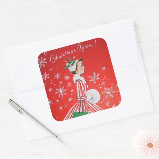 ヴィンテージレトロクリスマスホリデーレディーステッカー スクエアシール (封筒)