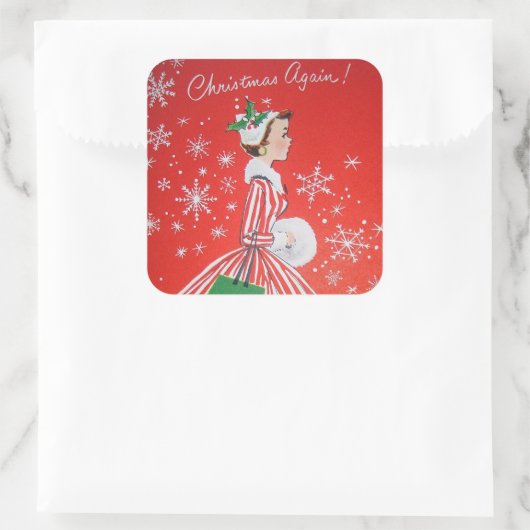 ヴィンテージレトロクリスマスホリデーレディーステッカー スクエアシール (バッグ)