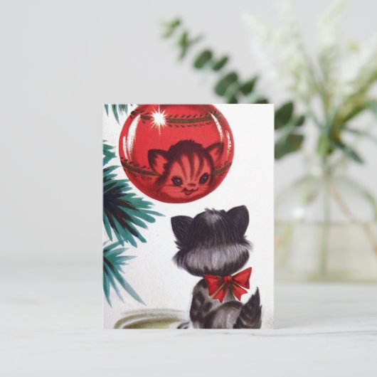 ヴィンテージレトロクリスマスホリデー猫はがき シーズンポストカード (スタンド正面)