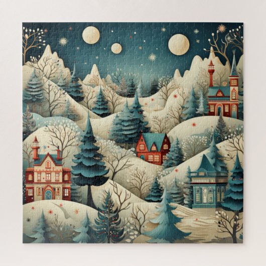 ヴィンテージレトロクリスマスヴィレッジパインツリーズスノー ジグソーパズル (縦)