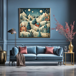 ヴィンテージレトロクリスマスヴィレッジパインツリーズスノー ポスター