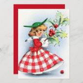ヴィンテージレトロクリスマス女性とホリーベリー シーズンカード (正面/裏面)