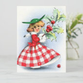 ヴィンテージレトロクリスマス女性とホリーベリー シーズンカード (スタンド正面)