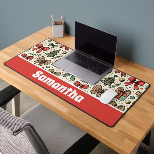 ヴィンテージレトロクリスマス水玉模様弓パターン デスクマット (オフィス2)