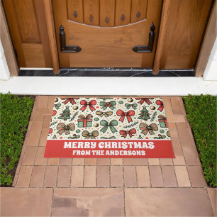 ヴィンテージレトロクリスマス水玉模様弓パターン ドアマット