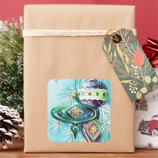 ヴィンテージレトロクリスマス球根ホリデーステッカー スクエアシール (クリスマス)