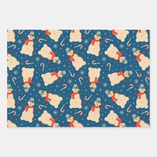 ヴィンテージレトロクリスマス雪だるまとキャンディーケーン ラッピングペーパーシート (正面2)