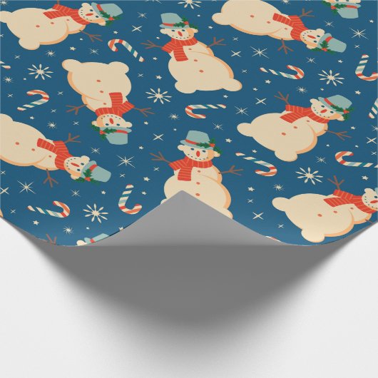ヴィンテージレトロクリスマス雪だるまとキャンディーケーン ラッピングペーパー (角)