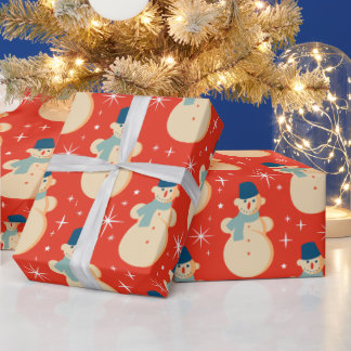ヴィンテージレトロクリスマス雪だるまレッド ラッピングペーパー