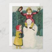 ヴィンテージレトロクリスマス雪だるま冬のシーン シーズンカード (正面/裏面)