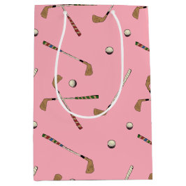 ヴィンテージレトロゴルフクラブボールパターンピンク ミディアムペーパーバッグ