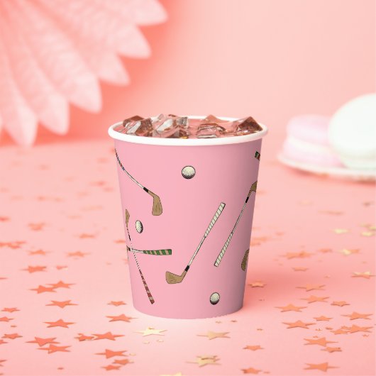 ヴィンテージレトロゴルフクラブボールパターンピンク 紙コップ (インサイチュ)