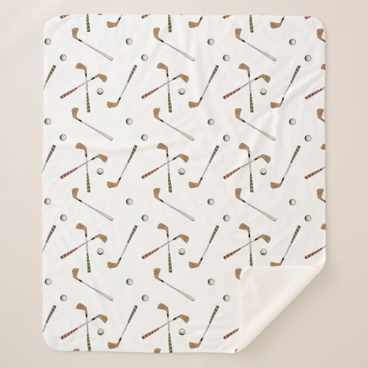 ヴィンテージレトロゴルフゴルファーのクラブボールパターンホワイト シェルパブランケット (正面)