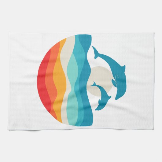 ヴィンテージレトロサマータイムビーチドルフィン キッチンタオル (横)