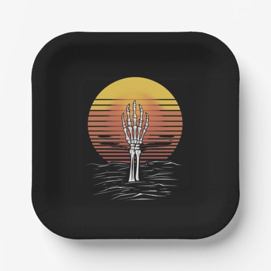 ヴィンテージレトロサンセットハロウィンゾンビハンドホラー ペーパープレート (正面)