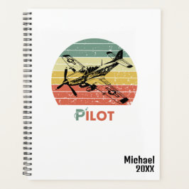 ヴィンテージレトロサンセット&飛行機モノグラムのシンプル プランナー手帳