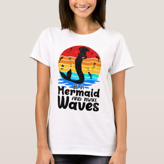 ヴィンテージレトロサンセットBe A Mermaid Make Waves Tシャツ (正面)