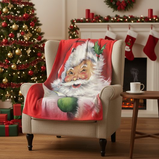 ヴィンテージレトロサンタがリストをチェック フリースブランケット