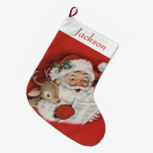 ヴィンテージレトロサンタアンドトナカイパーソナライズされたア ラージクリスマスストッキング (正面 (吊り時))