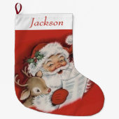 ヴィンテージレトロサンタアンドトナカイパーソナライズされたア ラージクリスマスストッキング (正面)