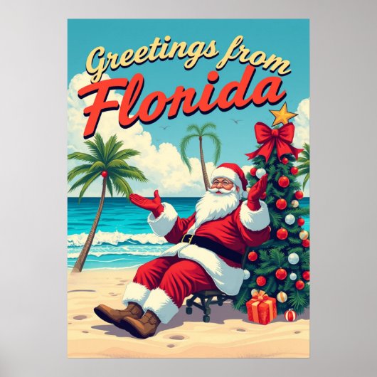 ヴィンテージレトロサンタクロースアットザビーチ – フロリダ ポスター (正面)