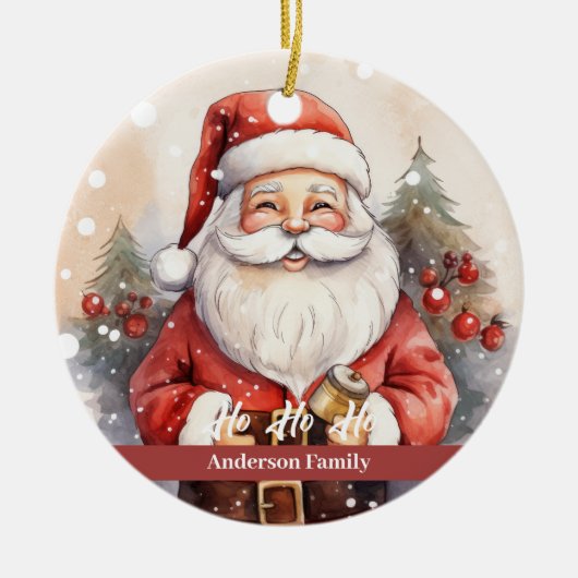 ヴィンテージレトロサンタクロースウォーターカラーイラストレーション セラミックオーナメント (正面)