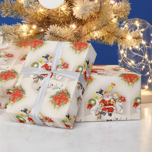 ヴィンテージレトロサンタクロース2雪だるまかわいい子犬 ラッピングペーパー (クリスマス)