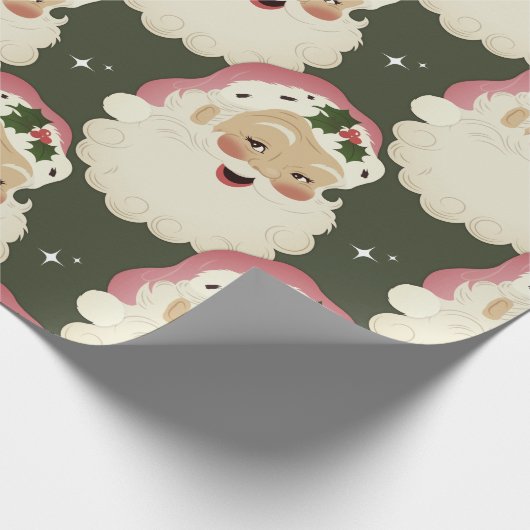 ヴィンテージレトロサンタ顔スパークルエステティックグリーン ラッピングペーパー (角)