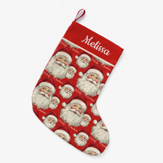 ヴィンテージレトロサンタ顔レッド スモールクリスマスストッキング (正面 (吊り時))