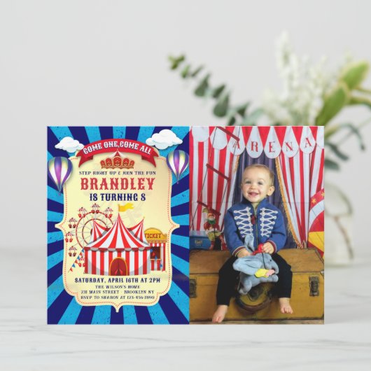 ヴィンテージレトロサーカスカーニバル誕生日写真 招待状 (スタンド正面)