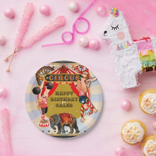 ヴィンテージレトロサーカスバースデーパーティーパーソナライズされた ペーパープレート (パーティー)