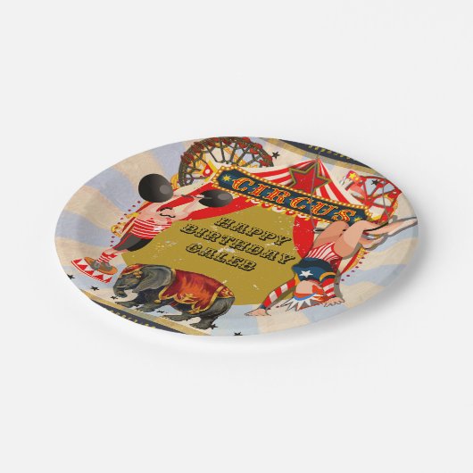 ヴィンテージレトロサーカスバースデーパーティーパーソナライズされた ペーパープレート (アングル)