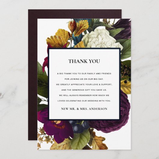 ヴィンテージレトロシックブルゴーニュ秋結婚フローラ サンキューカード (正面/裏面)