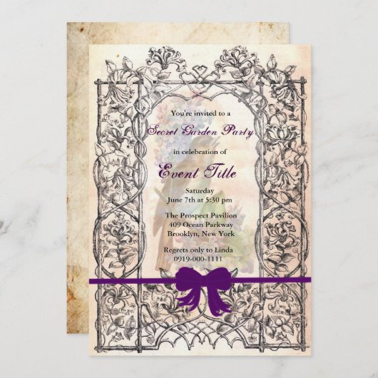 ヴィンテージレトロシークレットガーデンティーカスタムパーティー 招待状 (正面/裏面)