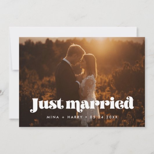 ヴィンテージレトロスクリプトたった今結婚しましたフォトカード 案内状 (正面)