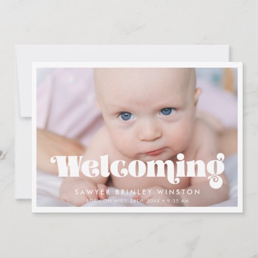 ヴィンテージレトロスクリプト歓迎ベビー写真 案内状 (正面)