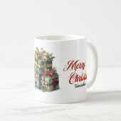 ヴィンテージレトロスタイルクリスマスプレゼント緑&金ゴールド コーヒーマグカップ (正面右)