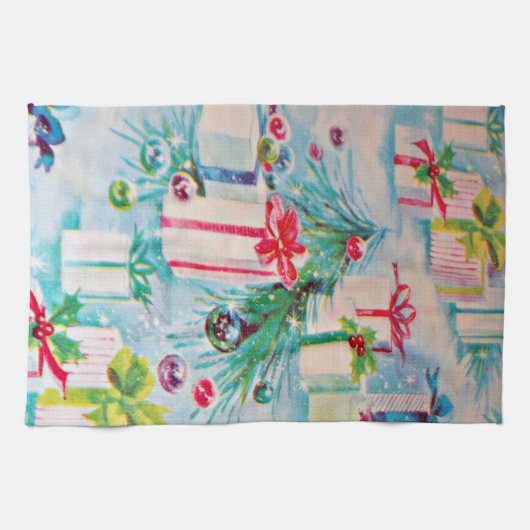 ヴィンテージレトロスタイルクリスマスプレゼント キッチンタオル (横)