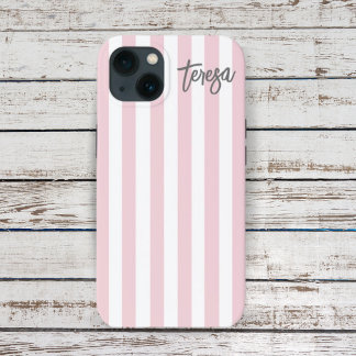 ヴィンテージレトロソフトピンク及び白ストライプのカスタムC iPhone 13ケース